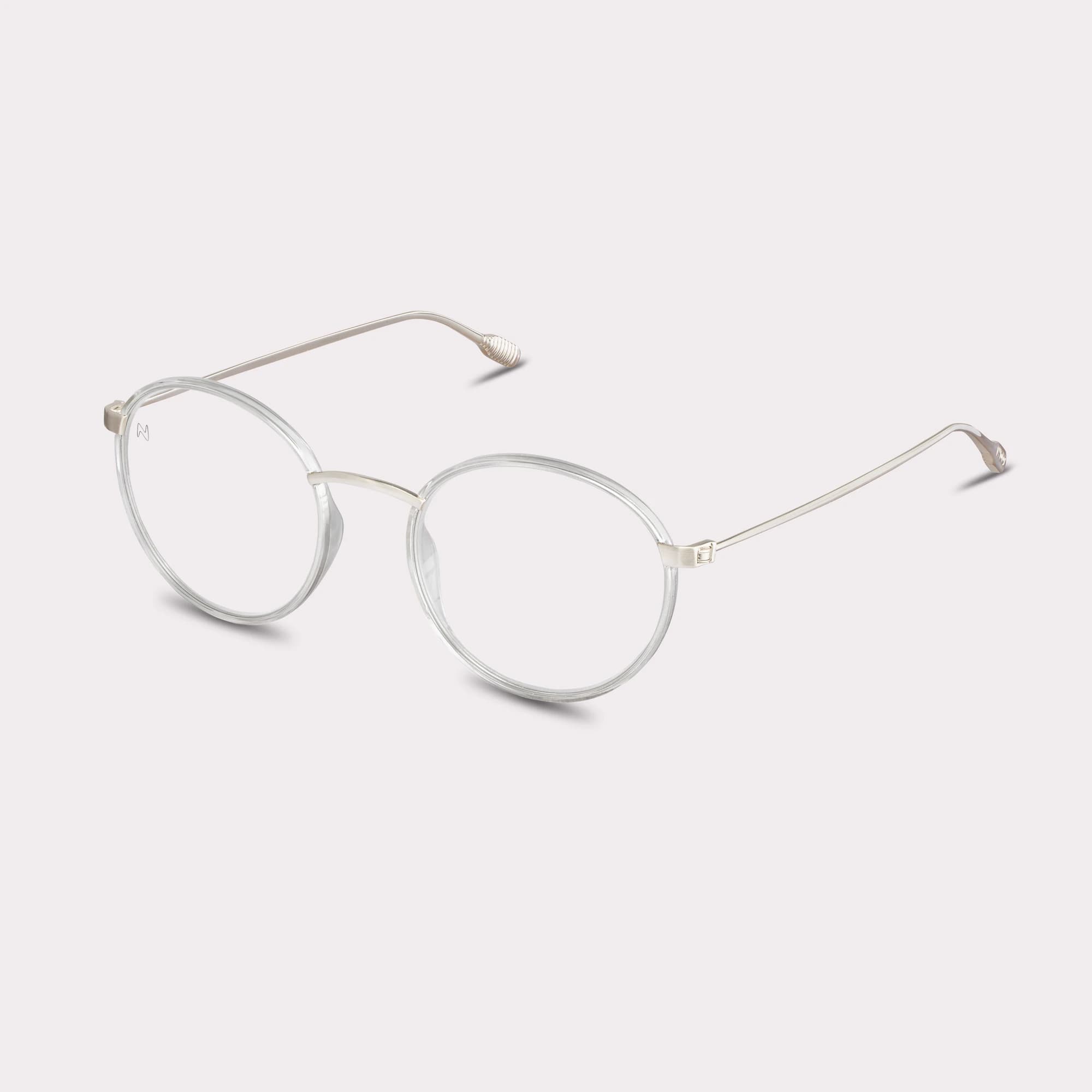 A pair of Ela Crystal Reading glasses seen from the side