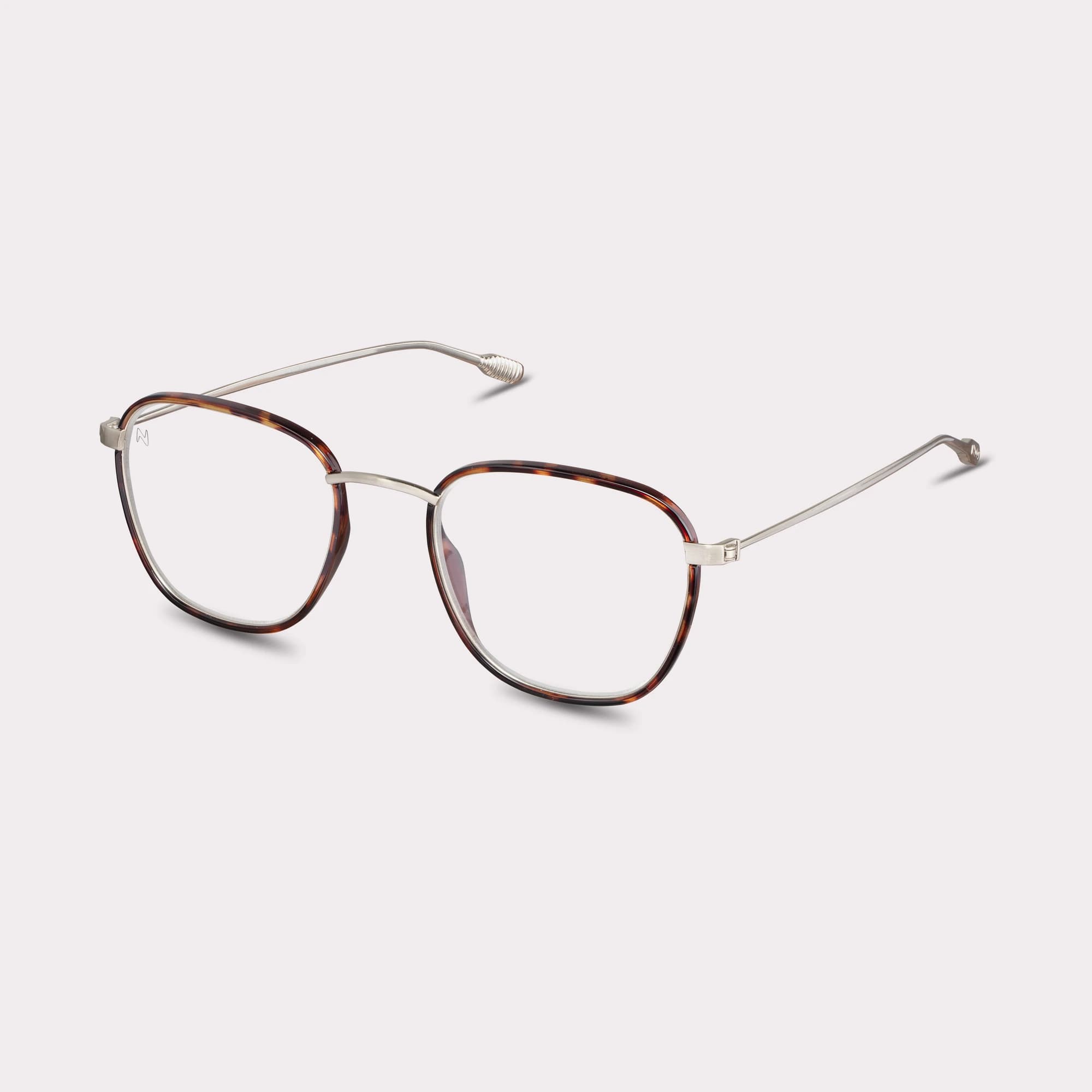 A pair of Hiro Tortoise Reading glasses seen from the side