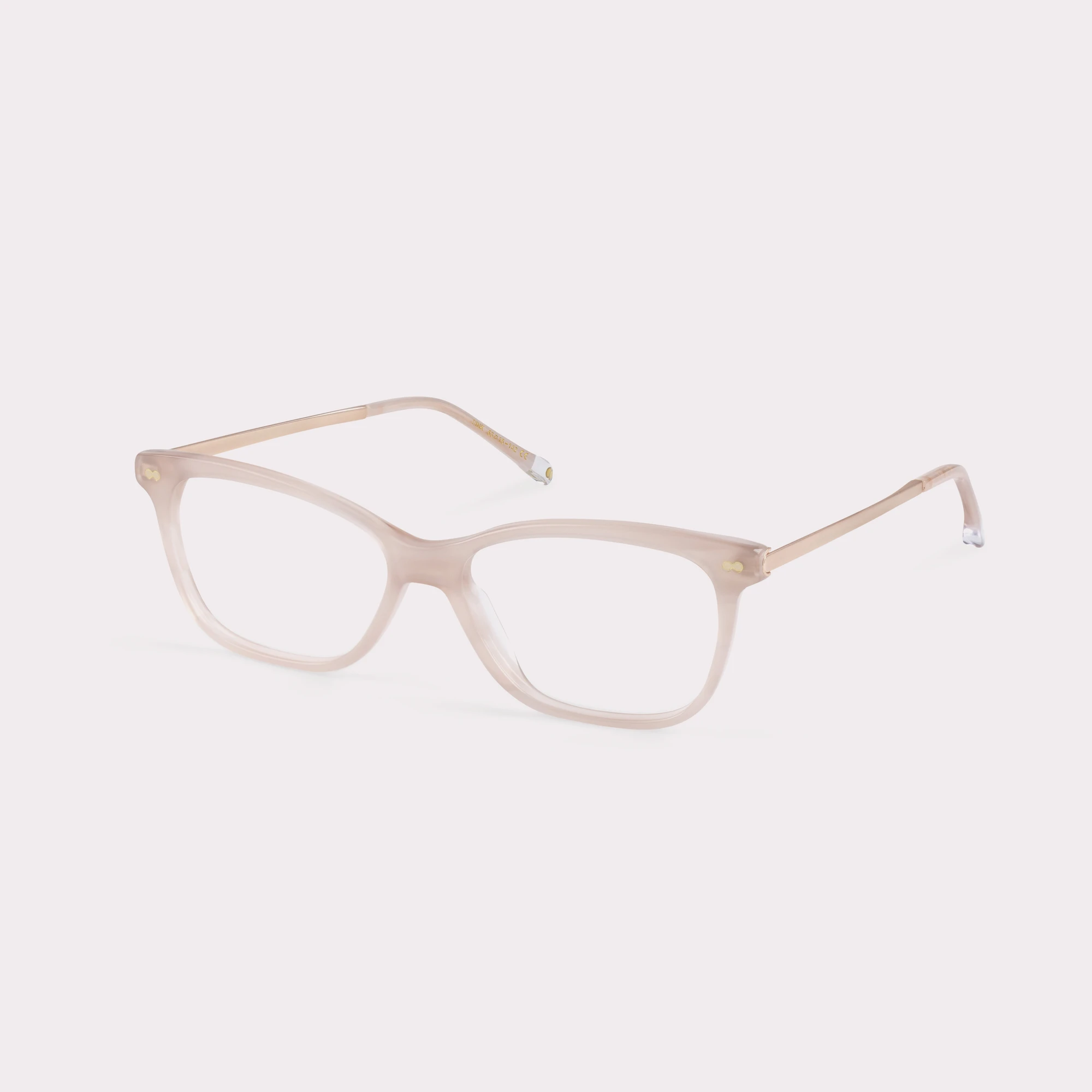 A pair of Ember Pink Reading glasses seen from the side