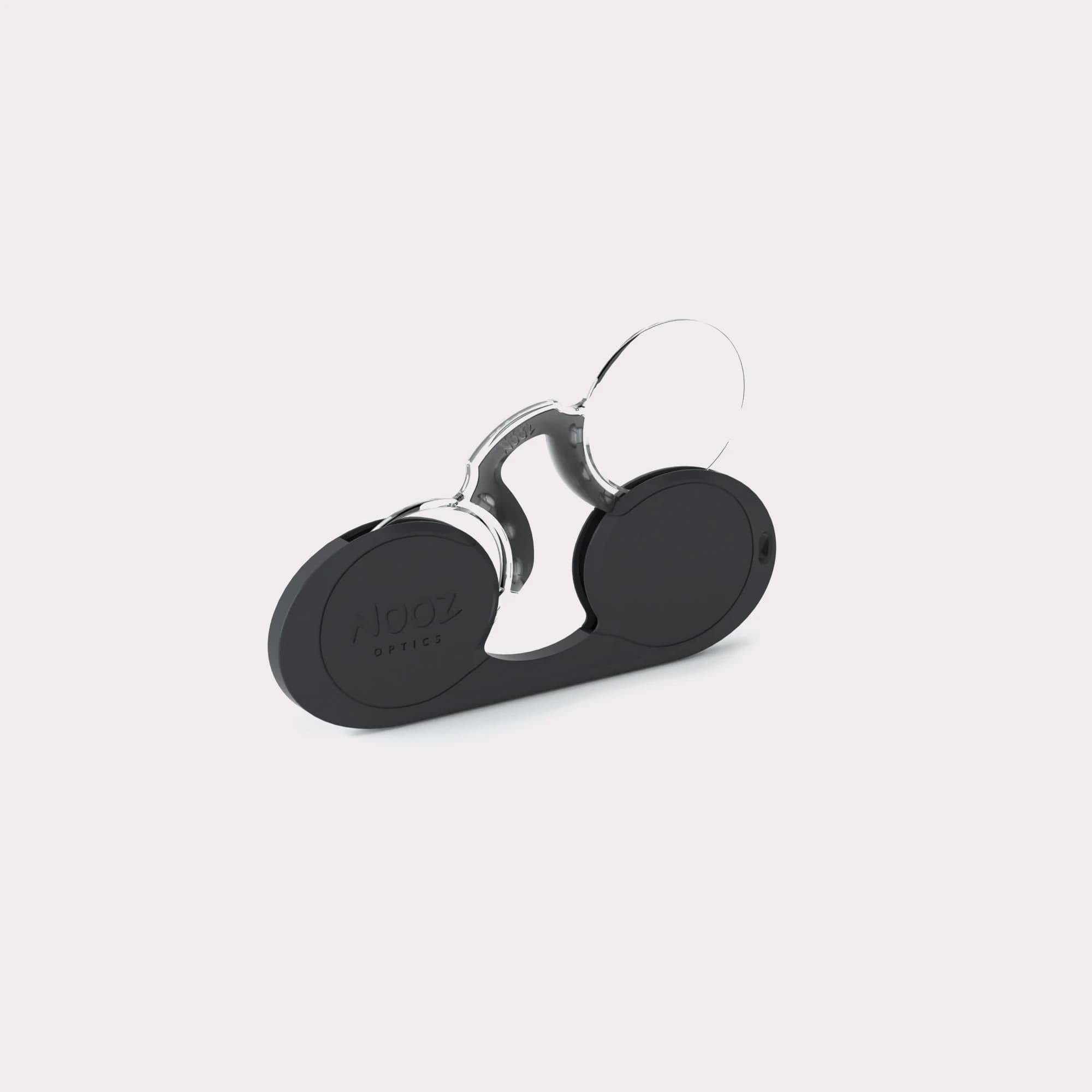 A pair of Oval Black Reading glasses coming out of its case